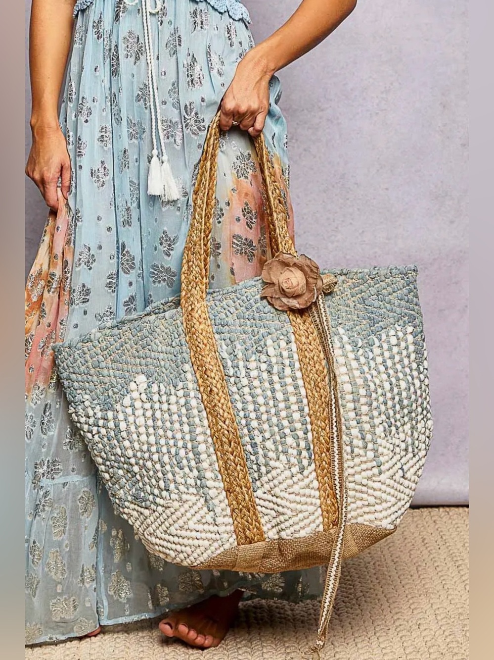 POL Cotton Woven Blue and Cream Straw Tote with Tan Braided Handles